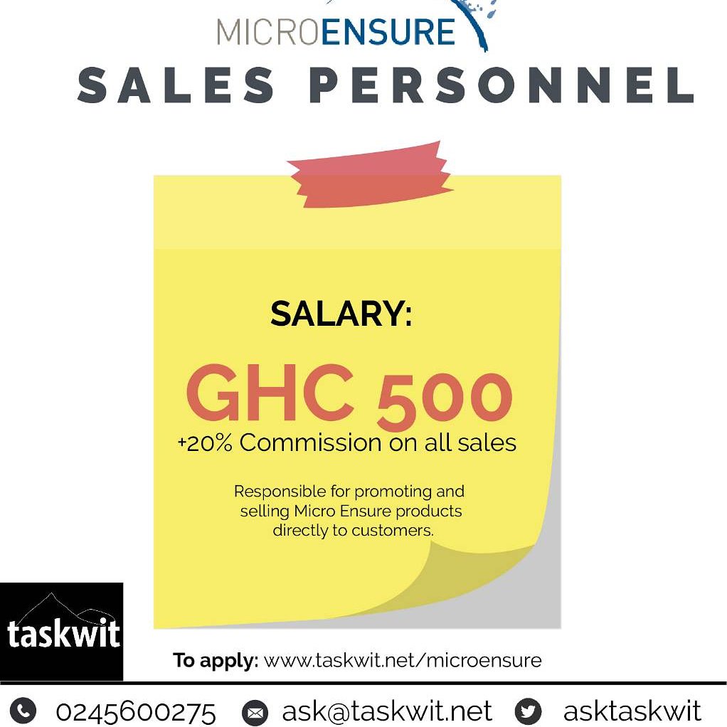 asktaskwit's tweet photo. A multinational insurance company has vacancy for sales personnel.
Salary is 500ghc basic plus 20% commission on sales.
Are you looking for a job?
Find more information about the job and how to apply here: https://t.co/31O0AFICEW
#jobs #Ghana #sales #microensure
#employment https://t.co/8Cs3l31RPD
