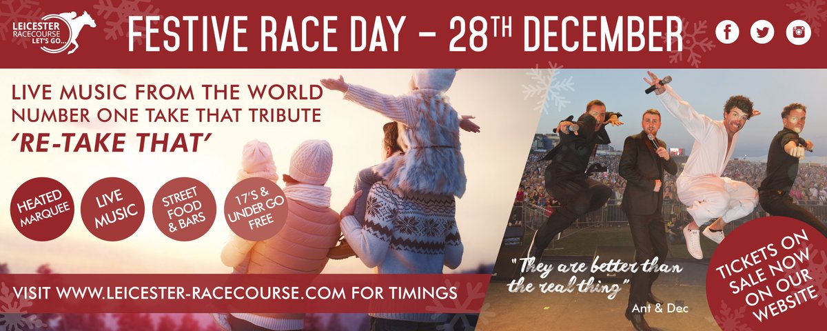 LeicesterRaces's tweet image. Our next race meeting is Thursday 28th (Festive Race Day)🎅
 Gates open 10:55am🕚 
First Race 12:55pm🕐 
Last Race 3:40pm🕞 
followed by Music from Re-Take That🎤 &amp;amp; Festive Fireworks Display🎆
 Tickets --&amp;gt; ow.ly/M1vU30hdYAx