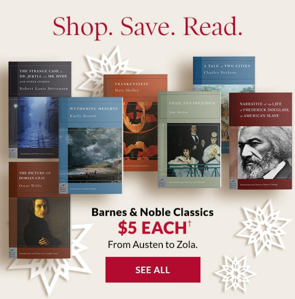 BNNatomas's tweet photo. Time to put those #giftcards to good use!! Stock up on #BNClassics, just $5 each for a limited time!!! 😍📚 #classics #classicbooks #read #readersofinstagram #readmore #readclassics #treatyoself #visitabookstore #sacramento #natomas #bnbookpassion #notjustbooks #bnbuzz https://t.co/5s9As9mKgg
