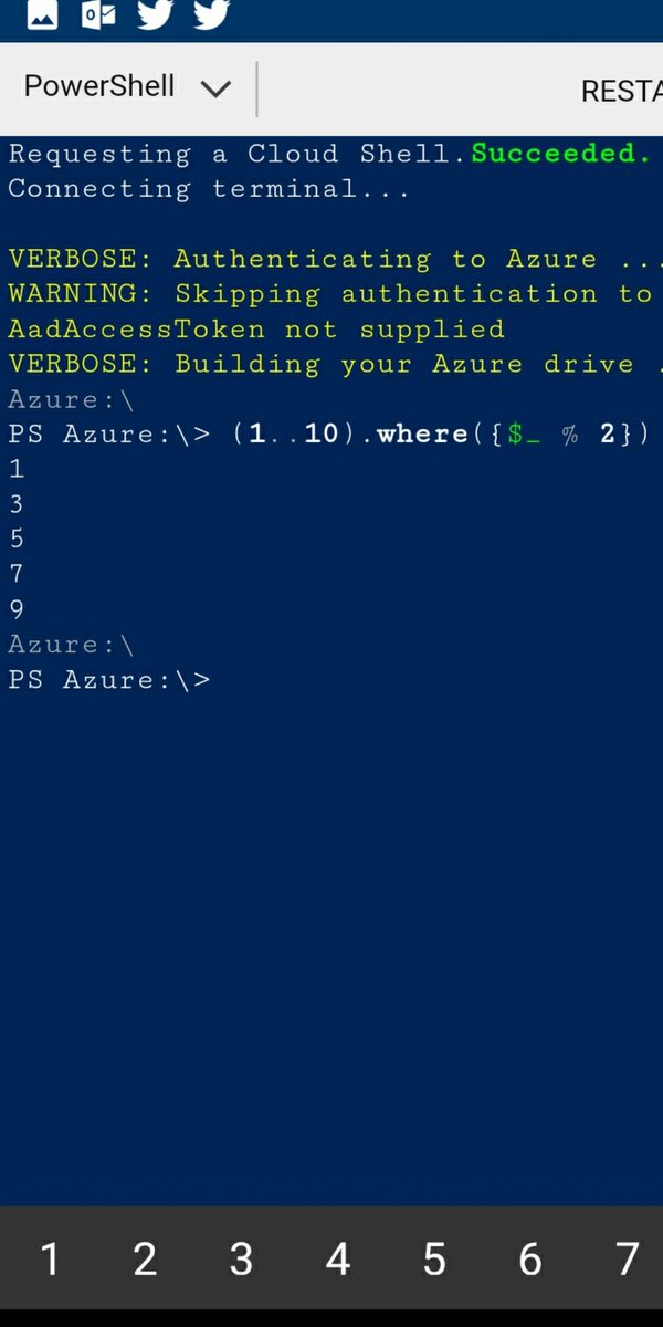 ChendrayanV's tweet image. #PowerShellTip get odd numbers in oneliner.... 
(1..10).where({$_ % 2})