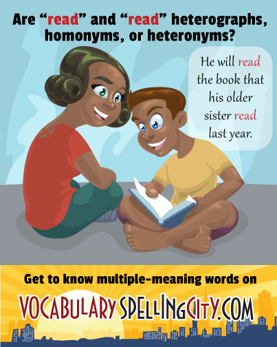 SpellingCity's tweet photo. While you sit back and #READ a #book, 📖 you might come across multiple meaning words you've READ before 🤔 Clear up any confusion with our #multiplemeaning word resources! https://t.co/TUov0ly820 #literacy #reading #heteronyms #homonyms #heterographs https://t.co/eiH5UnSwAn