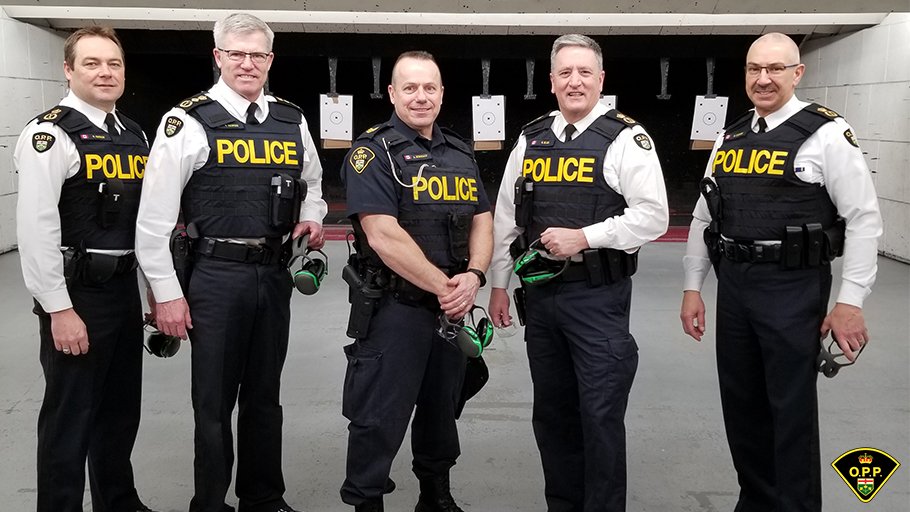 OPPCommissioner's tweet photo. Getting a first-hand look with #OPP Deputy Commissioners Barnum, Blair and Couture at the next generation handgun - the top technological investment for the frontline this year, enhancing both officer and #publicsafety. #ModernPolicing https://t.co/gjBjHM70ao