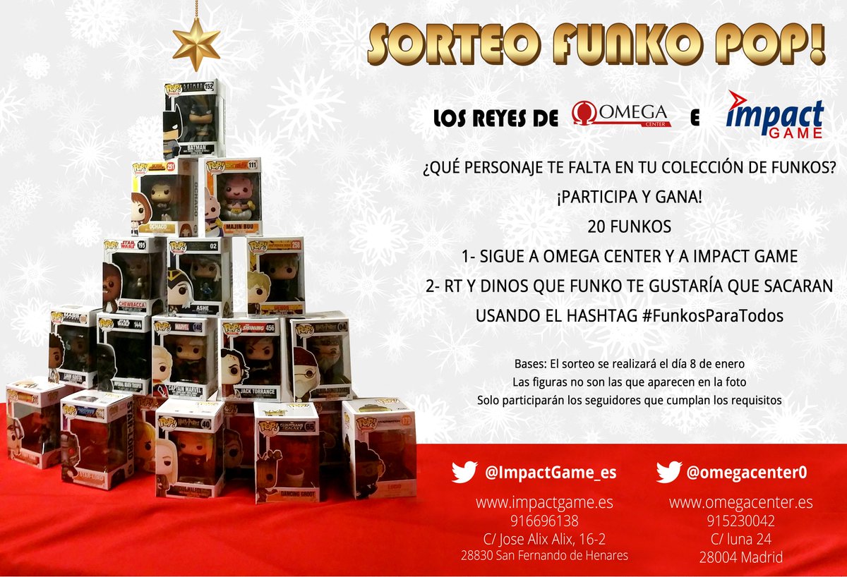 ImpactGame_es's tweet photo. Como somos mas de Reyes magos...🐫🐫🐫 #sorteo de nada menos que 20 #FunkoPop para un unico premiado!😱
1- Sigue a @omegacenter0 y a @ImpactGame_es 
2- Haz RT y comenta con #Funkosparatodos que Funko te gustaria que sacaran! Felices fiestas! https://t.co/eg9mNm5WVb