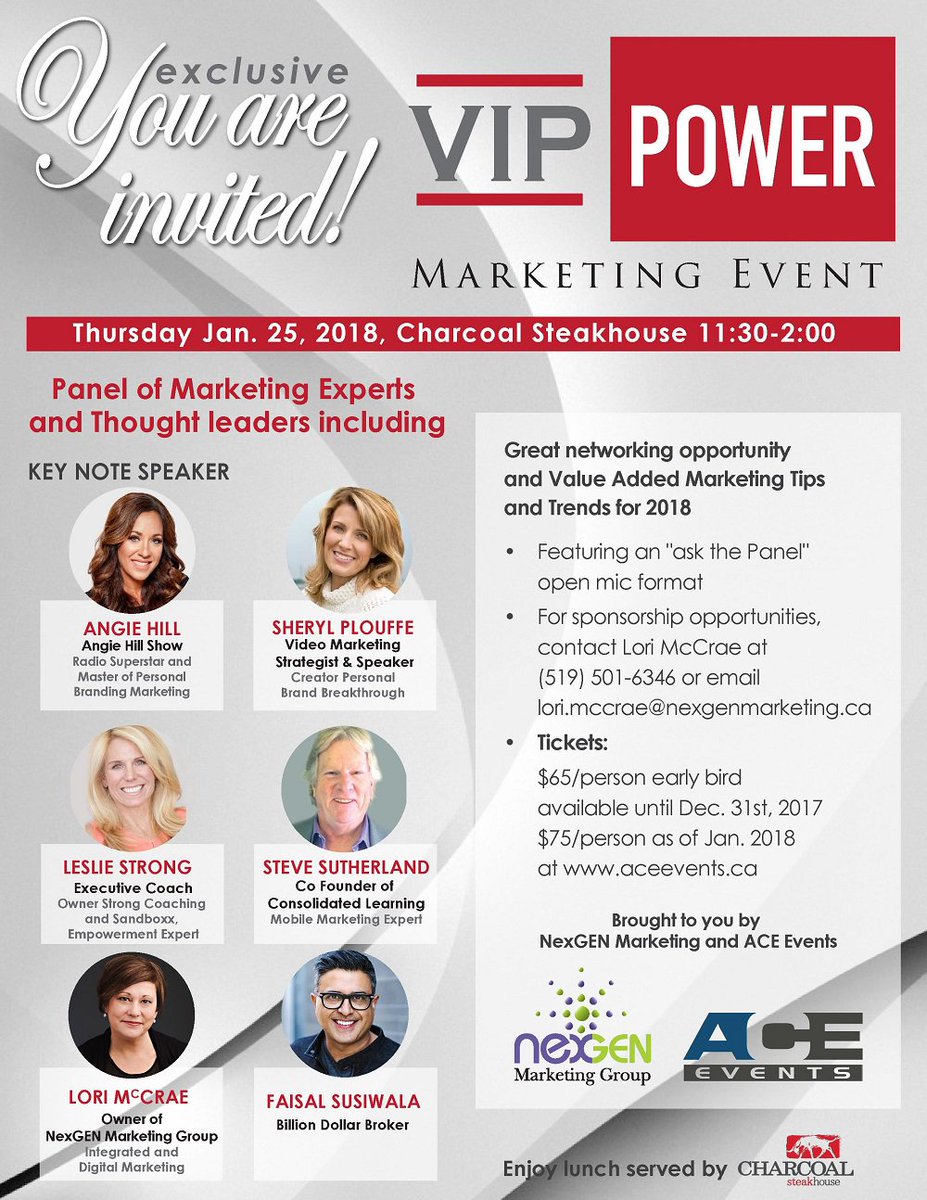 LindaBreaultACE's tweet photo. Reminder...Early Bird ends Dec 31st. Join key note speaker radio superstar @Angie_Hill40 @SherylPlouffe @FaisalSusiwala &amp; more in open mic format at this #VIPPowerMarketing event Jan 25th, at @charcoalsteak.  Tickets: https://t.co/nirBLrgO7J @WRTalk #marketingevents https://t.co/Z1MM5y116q
