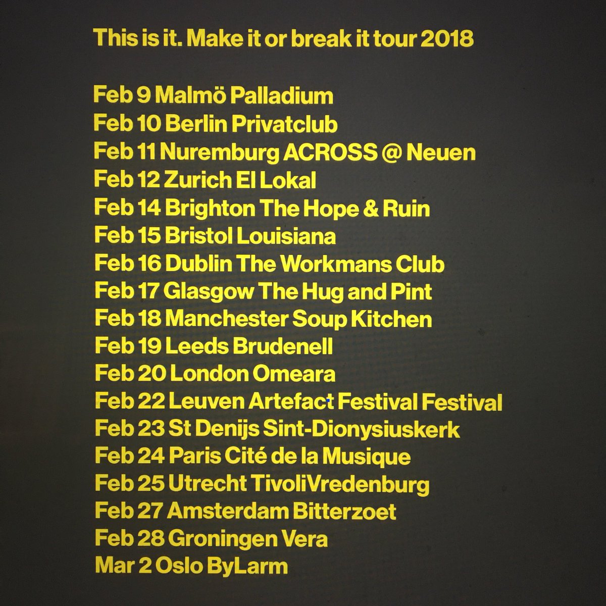 Take us on the trip of our lives. Help us telling yr friends and foes around these cities that we’re playing? So much good new music, ideas, things to try, people, bikes, runs, nights. Blinking small red lights. Emil singing Hulls. Y ou make the whole difference. Heartfeltly, LD