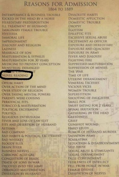 WritersDigest's tweet image. This list of reasons for admission into the West Virginia Hospital for the Insane was compiled from the hospital's log books between 1864 and 1889. Looks like we'd all be considered insane over here.