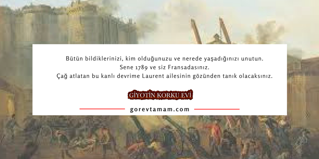 Bütün bildiklerinizi, kim olduğunuzu ve nerede yaşadığınızı unutun. Sene 1789 ve siz Fransadasınız. Çağ atlatan bu kanlı devrime Laurent ailesinin gözünden tanık olacaksınız. gorevtamam.com/oyun/giyotin-k…

#giyotin #korkuevi #kadıköy #evdenkaçış #kaçışoyunu #odadankaçış