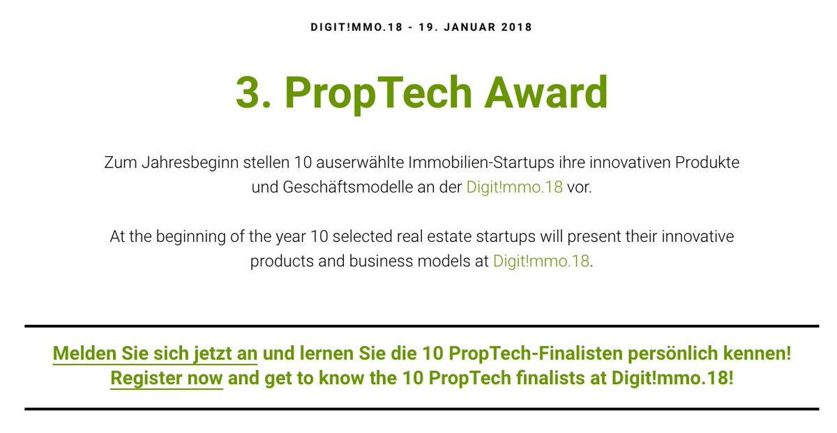 Lernen Sie die 10 auserwählten Jungunternehmen kennen, die am 19. Januar um den 3. Digit!mmo-PropTech-Award kämpfen. Jetzt anmelden... buff.ly/2BQuQpW