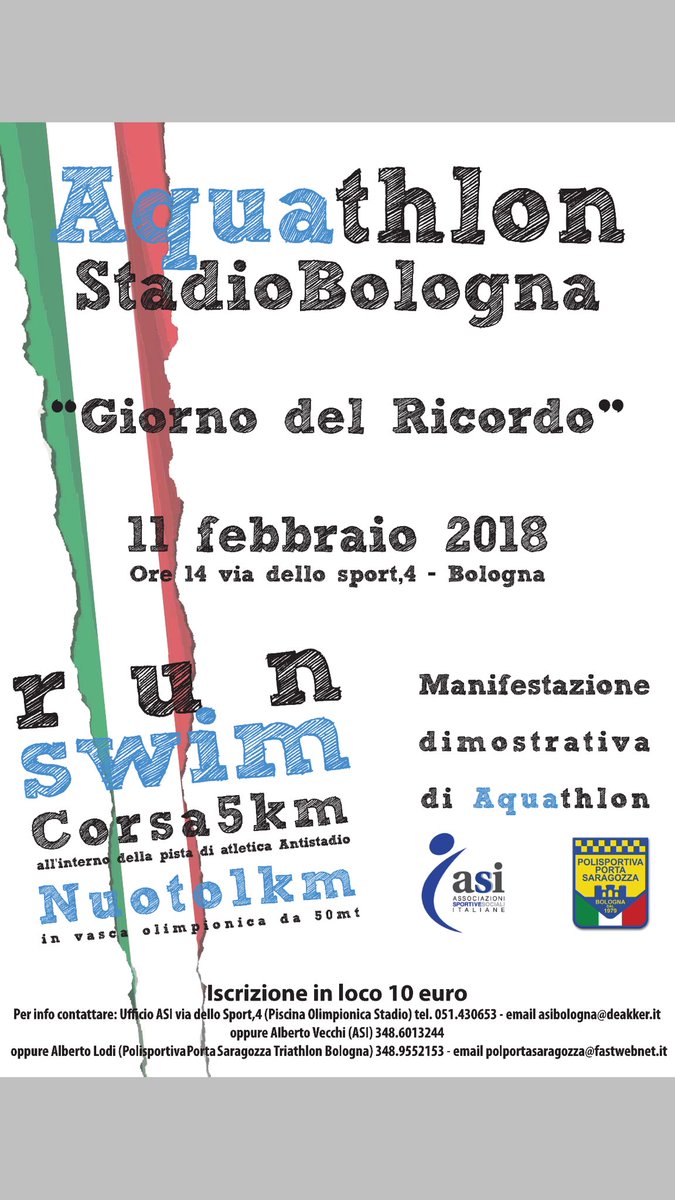 Evento Polisportiva Porta Saragozza e ASI ISCRIZIONI IN LOCO 10euro per info Alberto Vecchi 3486013244 e Alberto Lodi  3489552153