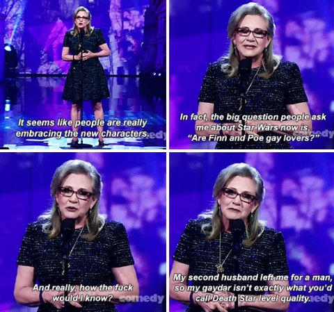 Canary2015's tweet photo. Still miss the comedic genius and princess. here are some of my favorite moments! RIP Carrie Fisher ❤️❤️ #CarrieOnForever https://t.co/69IHoiRSYq