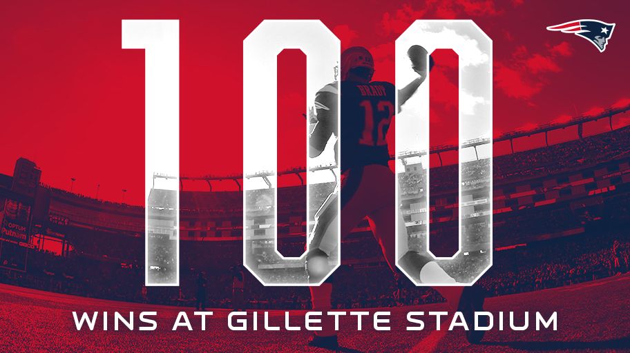 Patriots's tweet photo. Tom Brady won his 100th regular season at @GilletteStadium on Sunday, becoming the only NFL QB with 100 wins in a stadium. https://t.co/cNvrtrGfnf
