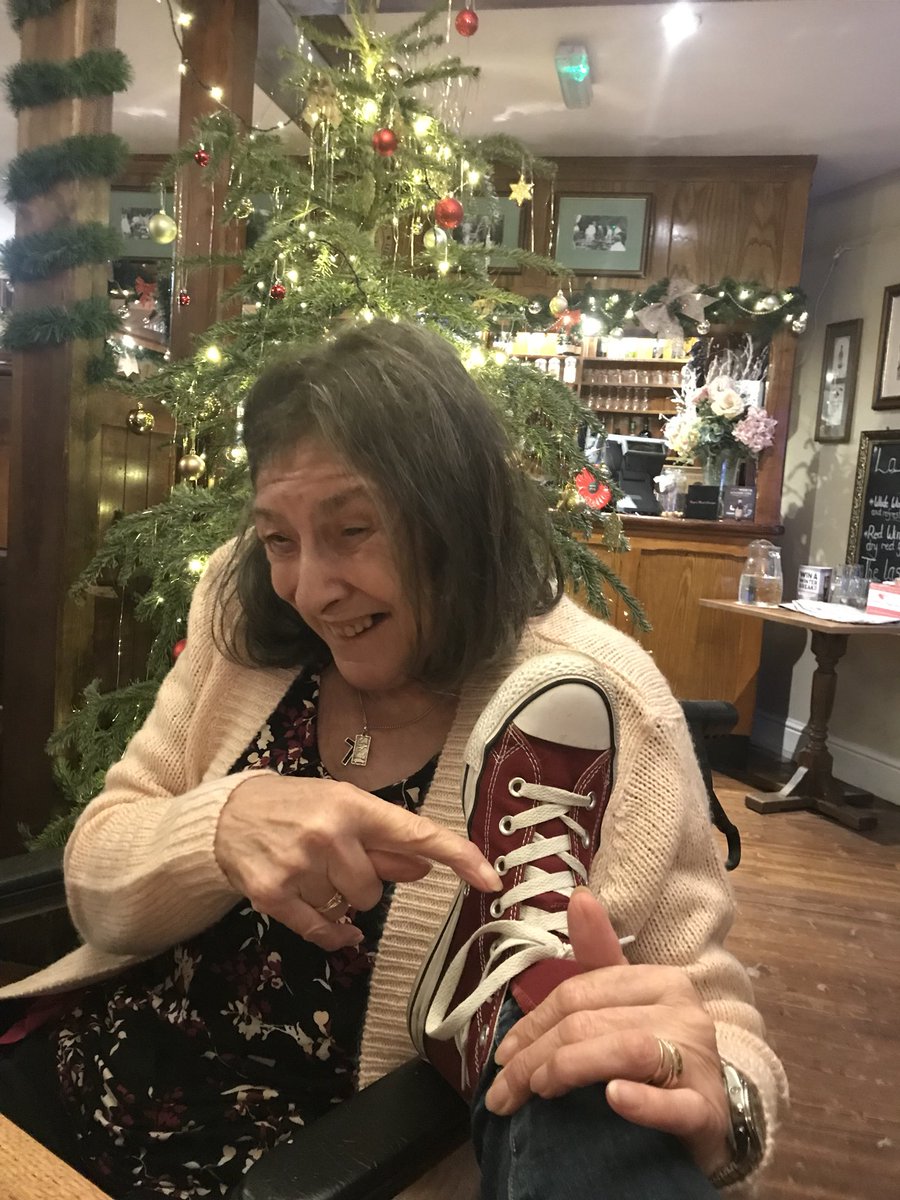 PSciGeek's tweet photo. @RuthEdwards101 @claire6thompson @PharmaSupportDi @roogreen @MrsQuaye @RachaelLemon @DrCDuggan @louisapower @NazarHamde @joeybtait Ma Barker adding sparkle to today’s #ShoeEvent offering. 
Due to her sight loss, she has Charles Bonnet syndrome - when she’s with or talking to me, she often hallucinates shoe shops. Love her! 😍 https://t.co/tTPQdoBCG4