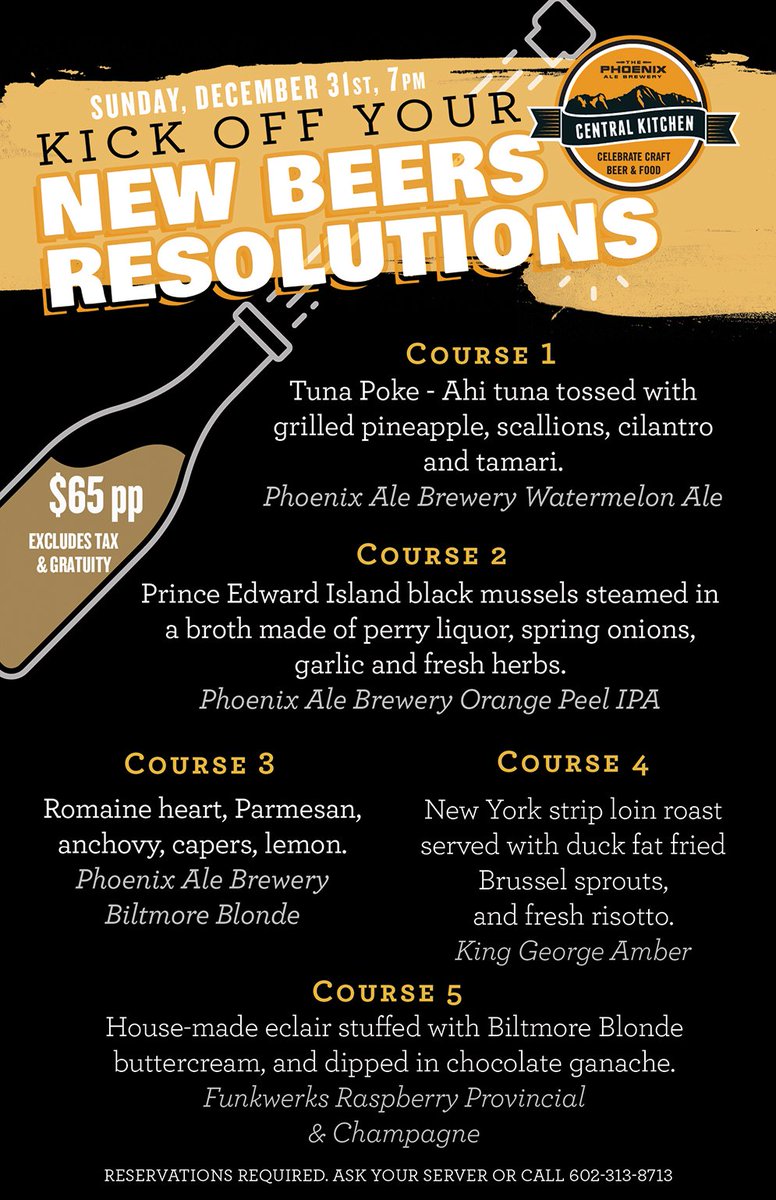 phxalekitchen's tweet photo. Kick off your New Beers Resolutions with a 5-course meal on New Years Eve. Great food and great beer are the best way to get ready for a great 2018.  Reservations are required.  Call: (602) 313-8713 to make your reservation today. https://t.co/E8MyYTsUfw
