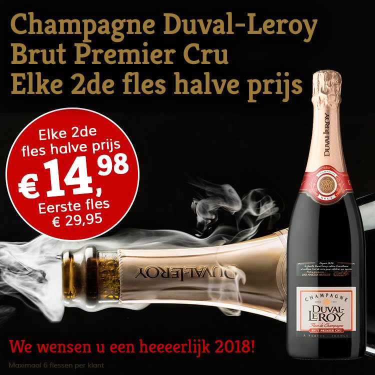 Onze #champagne-campagne Elke 2e fles Duval Leroy Brut voor de halve prijs. Check: bit.ly/2BMfaAJ
