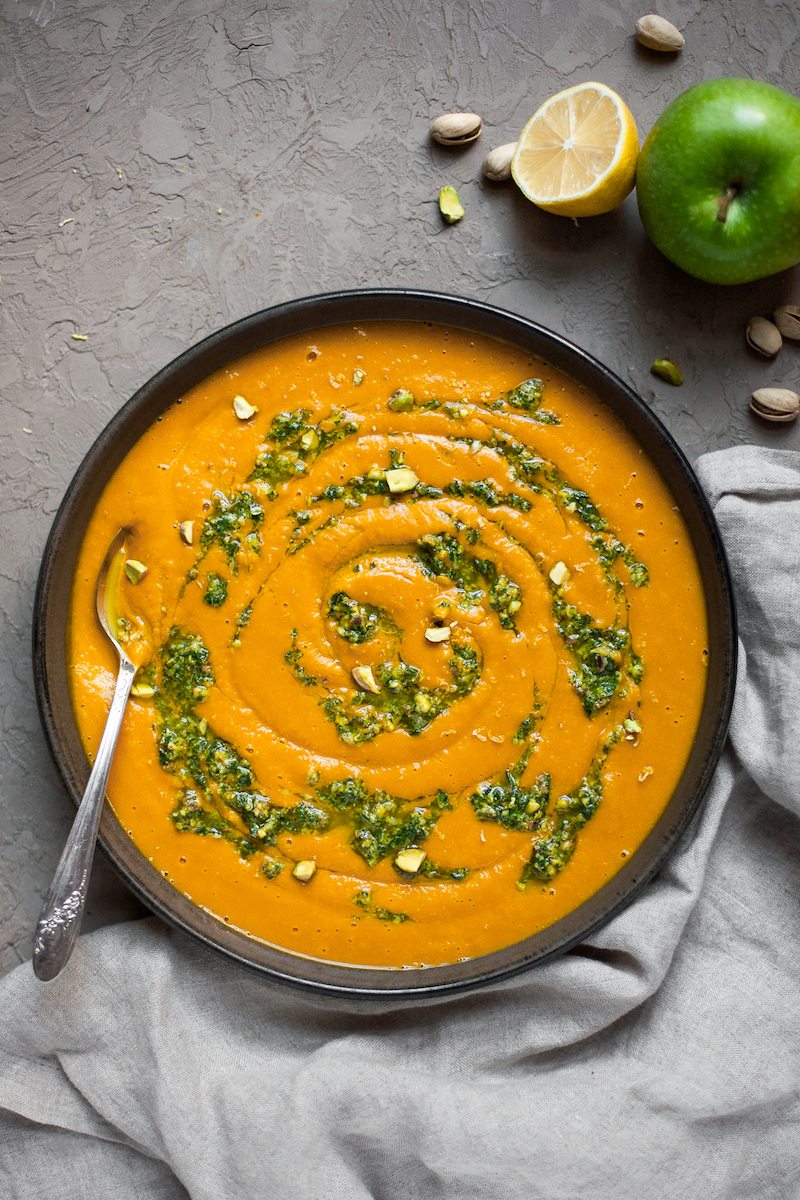 A bowl of sunshine for the cold, cloudy days ahead. go.shr.lc/2iAmwCW Pistachio Gremolata &amp; Squash Soup <a href="/calculatedwhisk/">Becky Winkler</a>