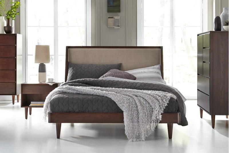 A design recipe made in heaven! A dash of mid century with a pinch of elegance. Our luxurious finishes shown on our Jensen Bedroom collection. Made from solid cherry -timeless, modern &amp; elegant. Custom fabric is always an option! Yes you can have it all!! By #WestBrosFurniture