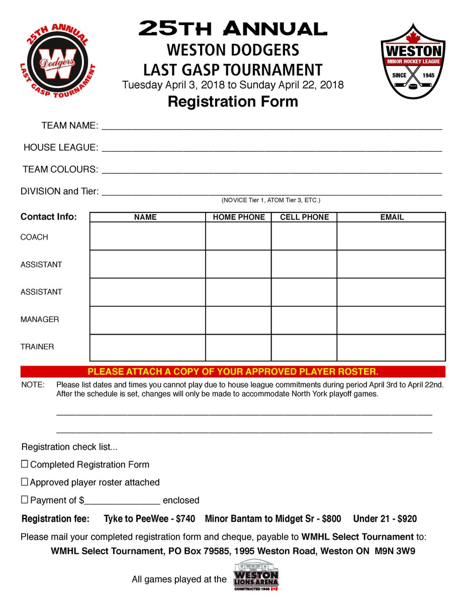 WestonArenaPro's tweet photo. Weston Dodgers Last Gasp Tournament registration is open. This tourney started in 1985 (January) as WMHL and Weston Lions Novice tourney, in 1994 renamed as Last Gasp and expanded to included divisions from Tyke to Under 21. @WestonArenaPro will be open all 20 days of the tourney https://t.co/v46btyO7F9