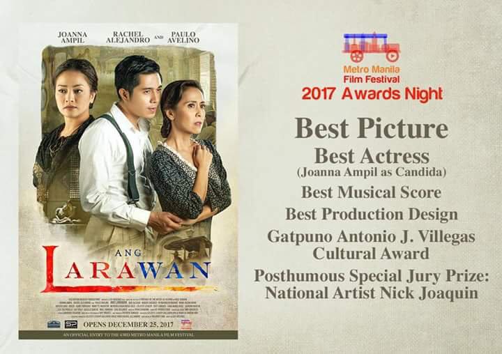 nettedejesus2's tweet photo. Congratulations to Ang Larawan
for winning the ..
-Best Picture
-Best Actress (Joanna Ampil),
-Best Musical Score,
-Best Production Design
-Gatpuno Antonio J. Villegas
Cultural Award.
#MMFFAwardsNight2017
@mepauloavelino @JoannaAmpil
@ryancayabyab @rachelalejandro https://t.co/L9OsBWuNpN