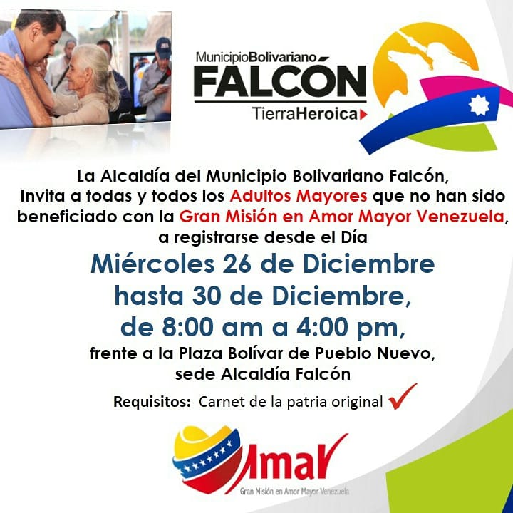 Agradezco y celebro la respuesta que recibió el llamado que hicimos a nuestras abuelas y abuelos para la jornada de inscripción en la Gran Misión en Amor Mayor de quienes no se han beneficiado.
#JuntosLoHacemos 
#FalconEsNavidad