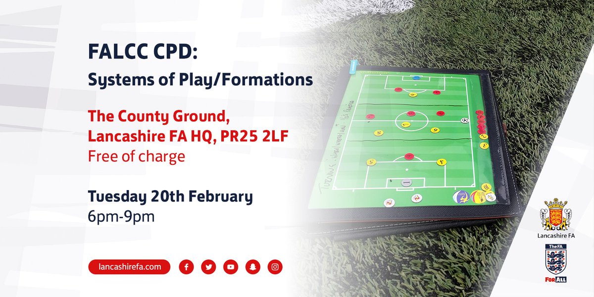 LancashireFA's tweet photo. ๐ We're running an #FALCC #CPD in February on Systems of Play and Formations.
@FA #Level1 and #Level2 coaches are welcome - and it's free!
https://t.co/p1jMdfVTPD https://t.co/ZYUqM5uAwY