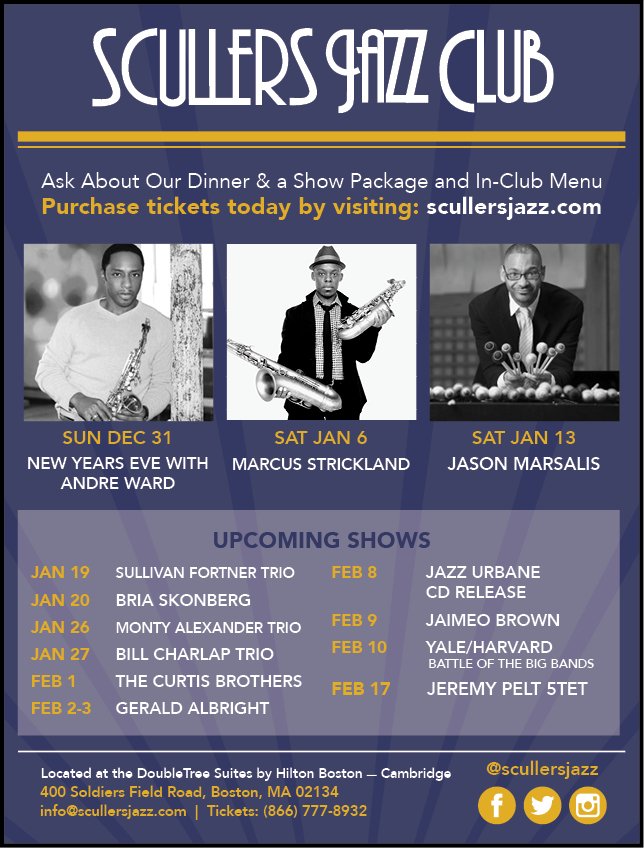 ScullersJazz's tweet image. Jan 2018 is gonna be SMOKIN' @Scullers: @marcustrickland #SullivanFortnerJr @briaskonberg @MontyHKE #BillCharlap @jasonmarsalis  check out  scullersjazz.com  #MarcusStrickland #SullivanFortner #BriaSkonberg #MontyAlexander #BillCharlap #JasonMarsalis