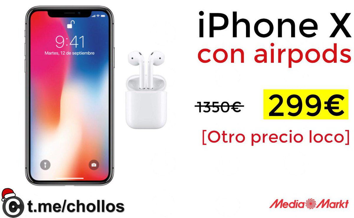 chollometro's tweet photo. #CHOLLO Smartphone Iphone X + Airpods sólo 299€ ➡️ https://t.co/XPtukDF7rF

Y disponible en todas las tiendas para recoger mañana a las 9am. @YouPlanet_es @8choOficial @Wismichu @auronplay @TiparracoSA @JoaquinPutoAmo a alguno me dejo, pero mucho no va a durar 😱😱😱 https://t.co/F01aoObDEx