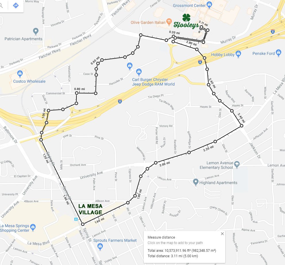 Here's the course that we have come into agreement with the City of @LaMesaCA.  So unless <a href="/SDCaltrans/">Caltrans District 11</a> throws us a curve-ball, this is what you'll be running 🏃‍♂️ starting and finishing @HooleysIrishPub 🍀 in <a href="/GrossmontCenter/">Grossmont Center</a> bit.ly/2BM026s #LaMesa5K