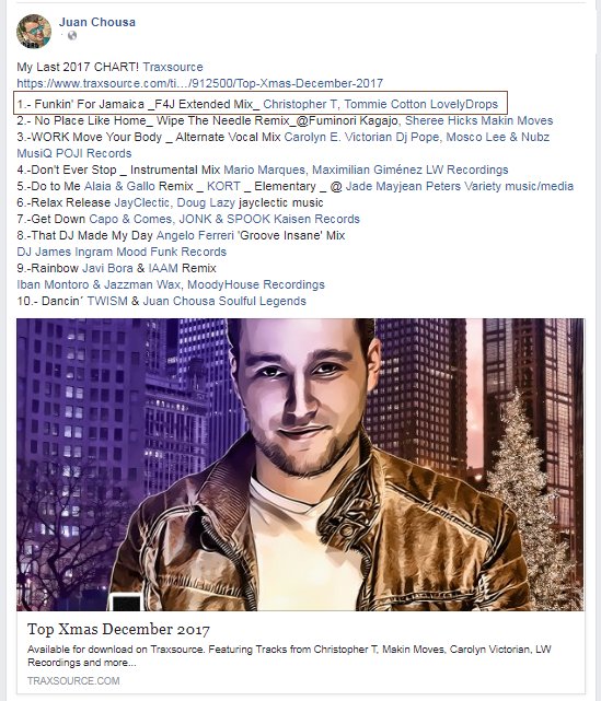 THANK YOU FOR TAKING US WITH YOU INTO THE NEW YEAR! ❤️
Charted #1 Funkin' For Jamaica- Christopher T &amp; Tommie Cotton
 BIG Love for your success with career and LIFE in 2018 babe! xx
"My Last 2017 CHART! Traxsource"--J. C.
traxsource.com/title/912500/T…