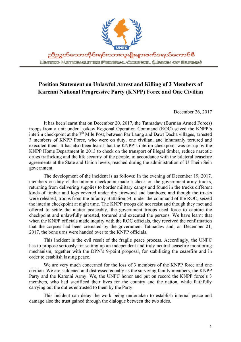 UNFC_Media's tweet photo. Position Statement on Unlawful Arrest and Killing of 3 Members of Karenni National Progressive Party (KNPP) Force and One Civilian

PDF Link :  https://t.co/kVu7Fmmf8z https://t.co/Zg53ln1nzb