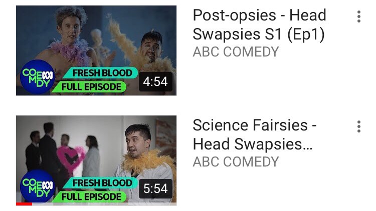 Headswapsies's tweet photo. We’re on the YouTubesies! Binge on all three 5 minute episodes here: https://t.co/uchiDq31np then get back to watching drunken teenagers face-plant into their own sick. #abccomedy https://t.co/5jxjUeu9O9