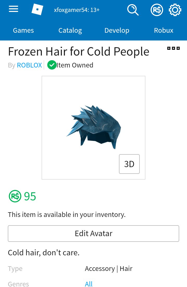 Xfoxgamer54 Xfoxgamer54 Twitter - frozen hair for cold people sold out roblox
