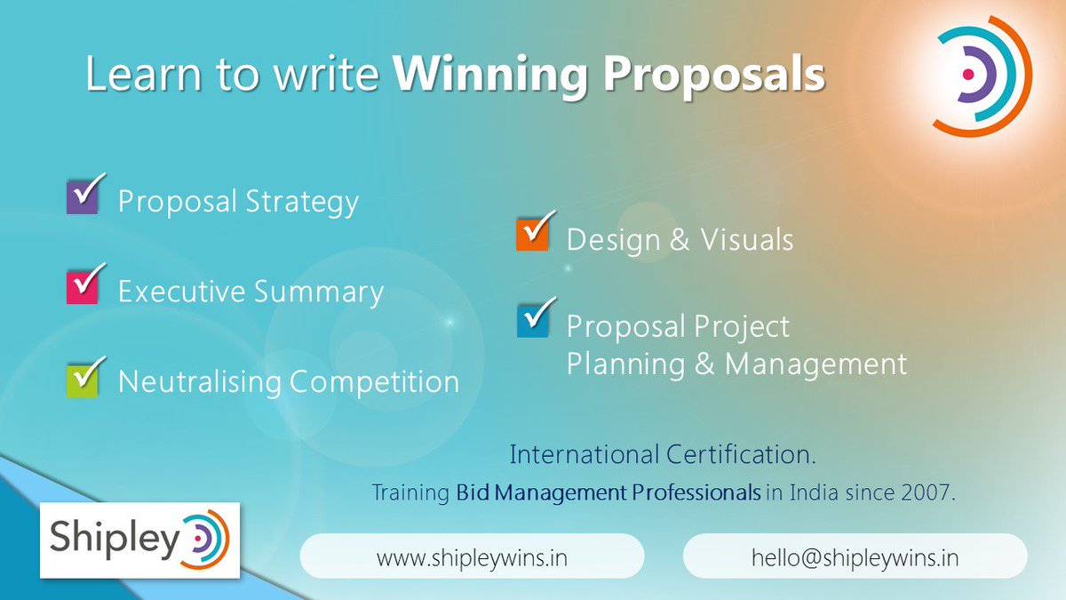 Shipleywins_in's tweet photo. Looking to acquire new capabilites to win #BigDeals? #ShipleyIndia has been #Training #BidManagement professionals in India since 2007. #WWP, #DealPursuit, #BidManager, #ProposalWriting, #PreSales, #ExecSummary, #ExecutiveSummary, #ProposalWriting. https://t.co/xfpvStcetB