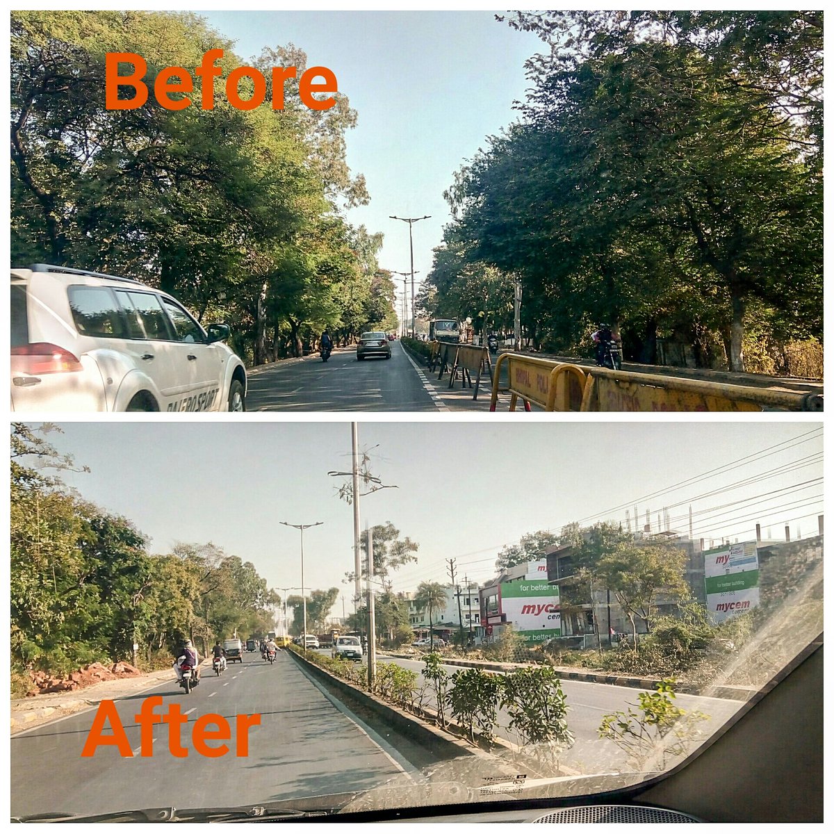 karanpreet_1992's tweet photo. I wish BMC was equipped with a machine, able to relocate trees instead of cutting them.
#Road widening #urbanization
#laalghati bhopal
The road which use to please me, will no longer be the same. 
It hurts 😞 #helpless
#treeandyou
Bhopal needs you https://t.co/qFWtdSCHSz