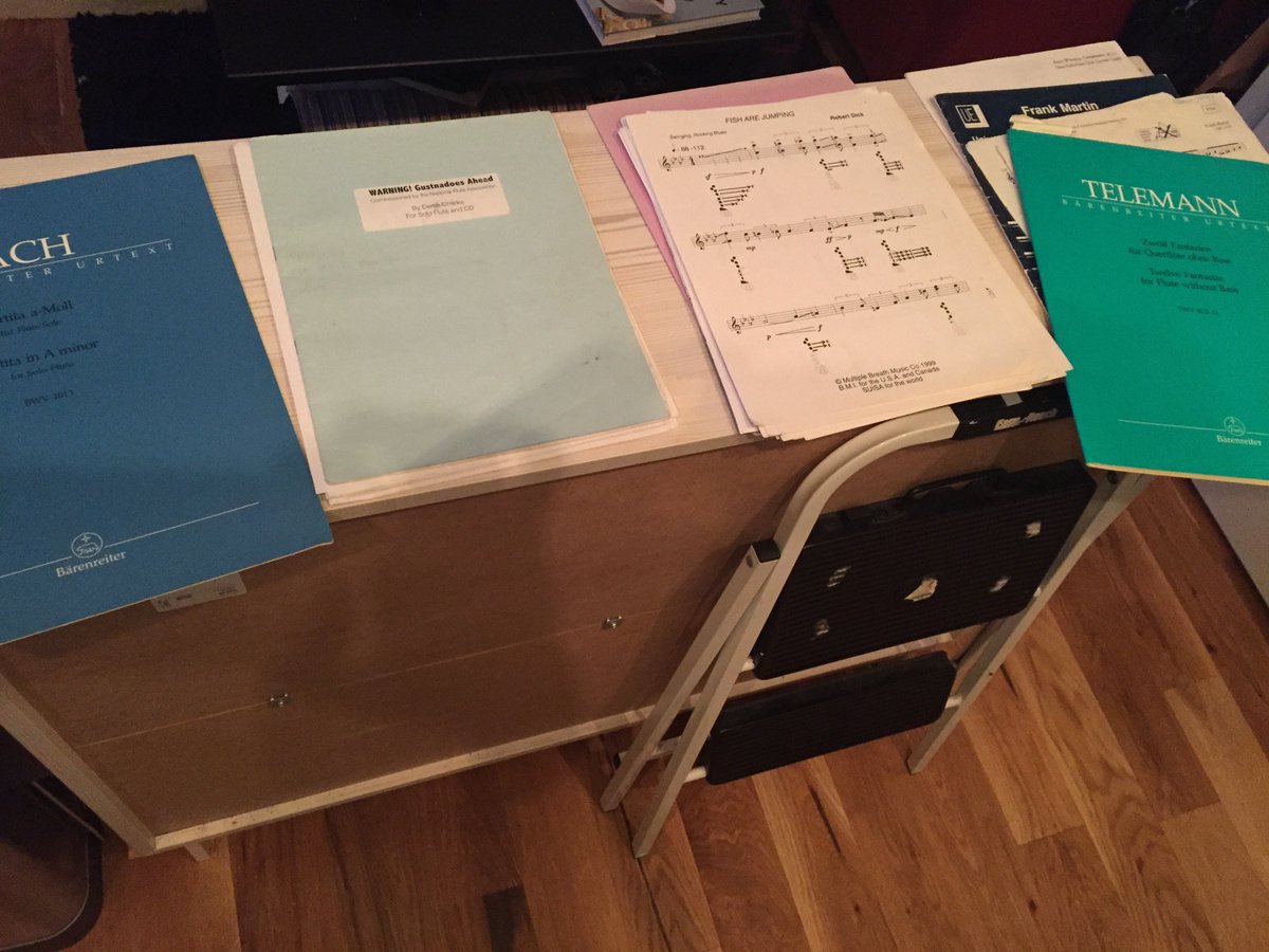 That moment when you have a pile of sheet music for most pressing recital, next recital, audition material, and another for pre-screen recordings. #busy #flutistlife #HappyNewYear
