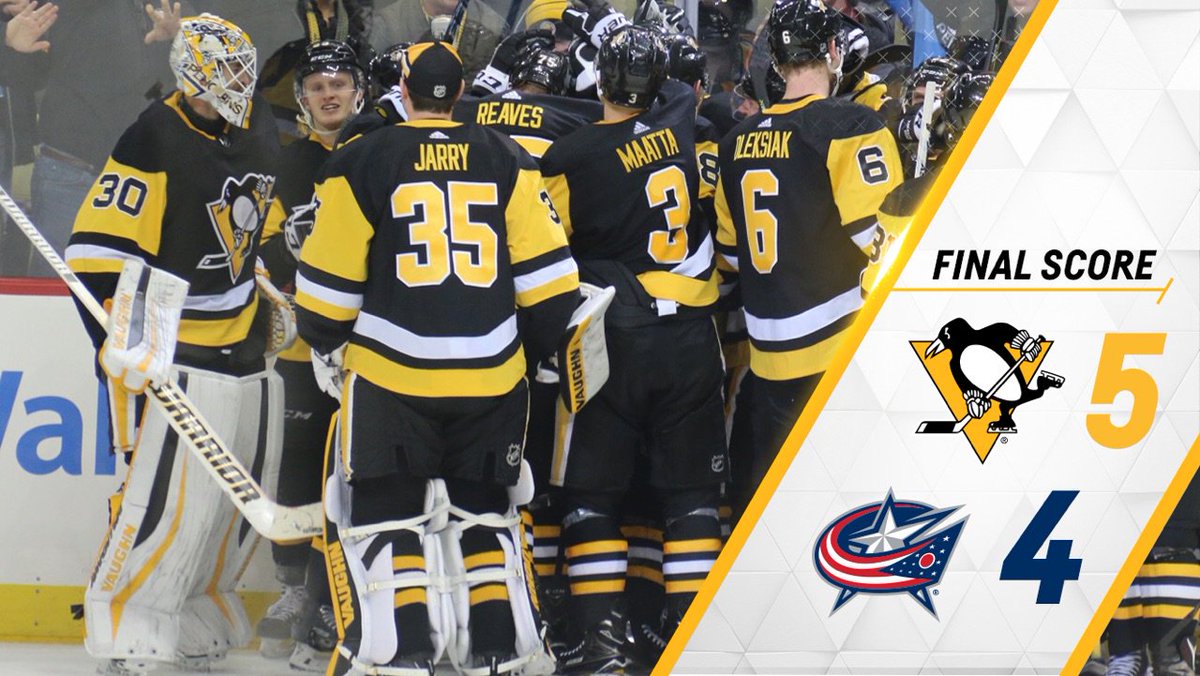 penguins's tweet photo. SHOOTOUT VICTORY!

The #Pens defeat the Blue Jackets with goals from Sheary, Kessel, Malkin, and Guentzel. Oh, and two five-hole goals from the two-headed monster in the shootout. https://t.co/cMqvFkNre8