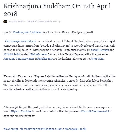 Shine_Screens's tweet photo. #KrishnarjunaYuddham is all set to release on 12th April 2018!

#KAYonApr12th @NameisNani @anupamahere #RuksharMir #SahuGarapati #HarishPeddi @hiphoptamizha https://t.co/zCn4kFVPPG
