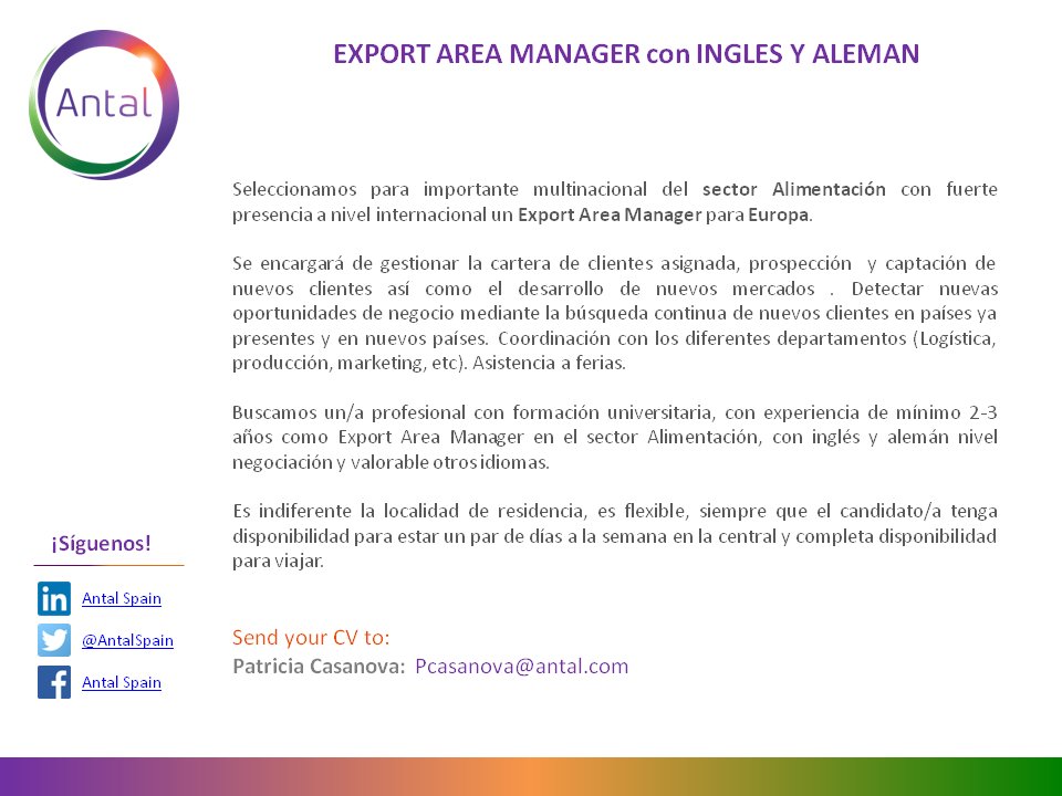 AntalSpain's tweet photo. Síguenos para más ofertas interesantes! #ExportAreaManager #Alimentación #EmpleoEuropa #Recruiting https://t.co/DMo92lfnsh