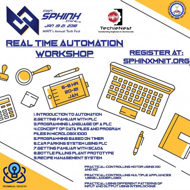 TechieNest's tweet photo. SPHINX with its proud workshop partner Techienest Pvt. Ltd. presents its workshop on REALTIME AUTOMATION.For any query mail us at Technical.society@mnit.ac.in
For details and registration visit https://t.co/z9TwfvUU4p and register under Workshops #sphinxmnit #sign_In_shine_Out https://t.co/4yCP9xIrCJ