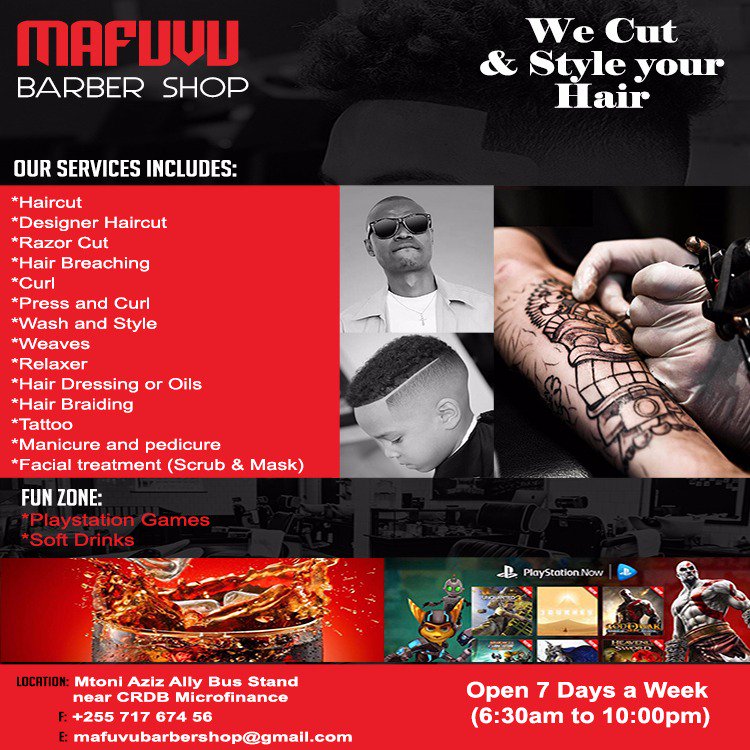 manlaz120's tweet photo. Karibu Mafuvu Barber Shop, tuko Mtoni Aziz Ally karibu na CRDB Microfiance. Tuko wazi kila siku kuanzia saa 12:30 (6:30am) asubuhi mpaka Saa 4:00 (10:00pm) Usiku. Kamwe hutojutia kuwa kati ya Wateja wetu.
#MafuvuBarberShopMtoniAzizAlly
#WeCutAndStyleYourHair
#YourSupportIs https://t.co/4j3yYROOru