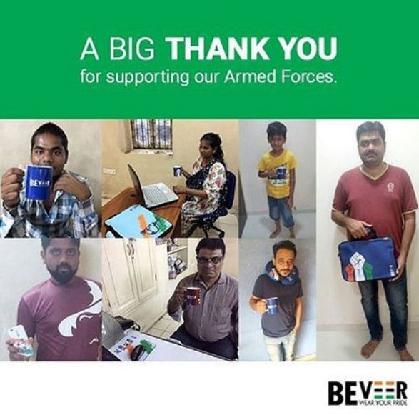 BeVeerIndia's tweet photo. A very BIG THANK YOU to all those who bought BeVeer  merchandize and  contributed towards our Armed Forces Welfare Fund set  up by Govt. of India.
Wear your pride, buy BeVeer merchandize. #ThursdayThoughts https://t.co/FUojpMDK29