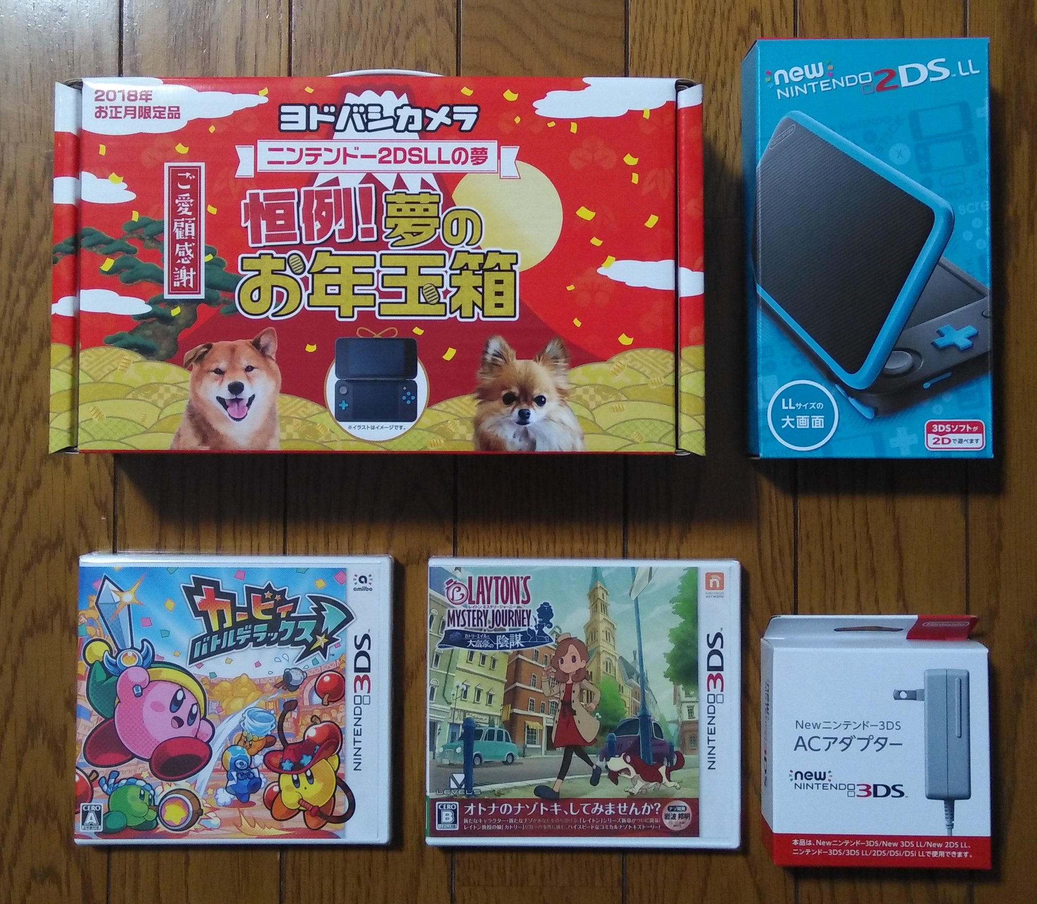 ニカワしんちゃん ヨドバシ福袋 ニンテンドー2dsllの夢 本体 アダプターとソフト2本 カービィ レイトン これで18 000円 ポイント使えてポイント貯まるって 今からヨドバシにケースとフィルム買いに行きますね
