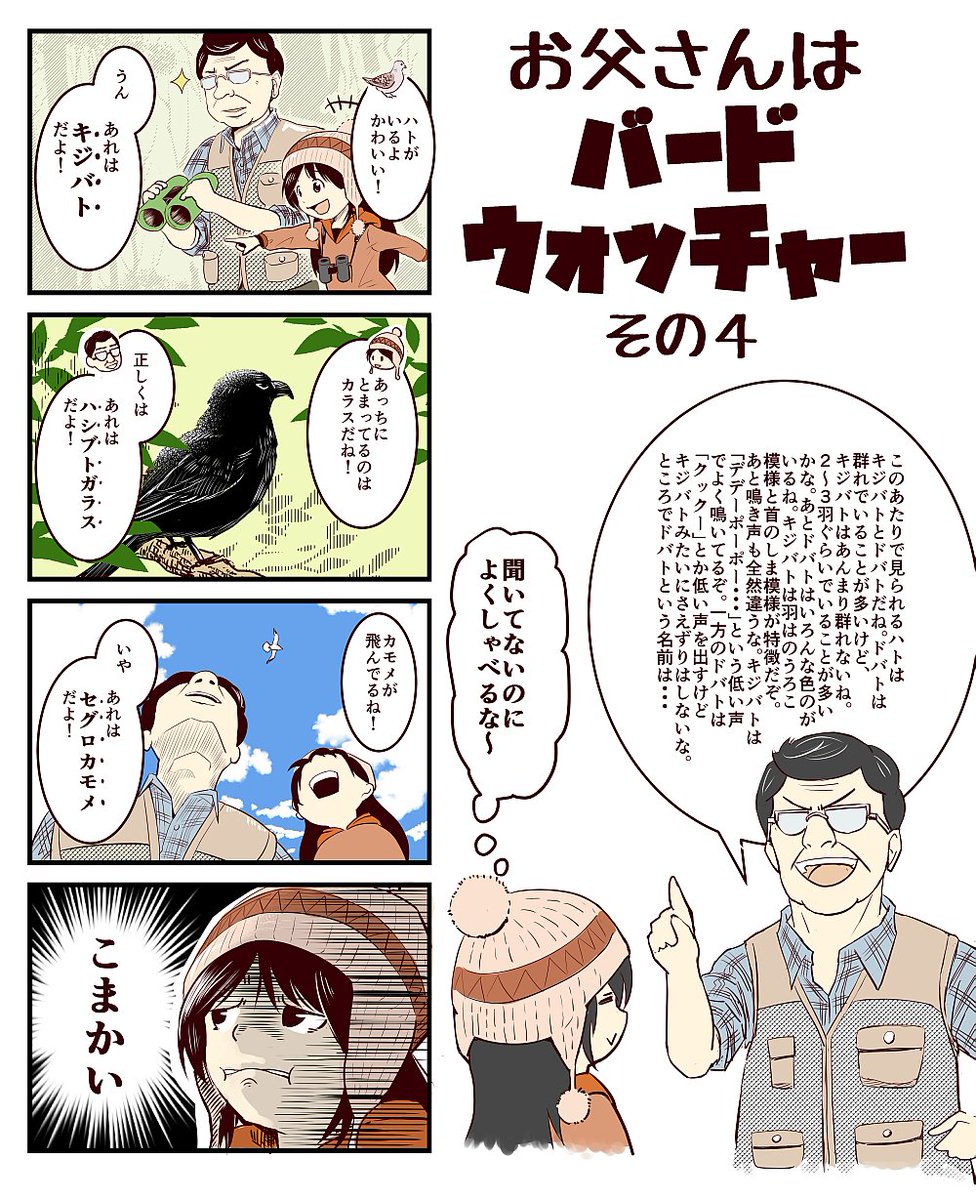 野鳥の会ヤング探鳥会ニュースレターの4コマ漫画
12月号のカラー版です 