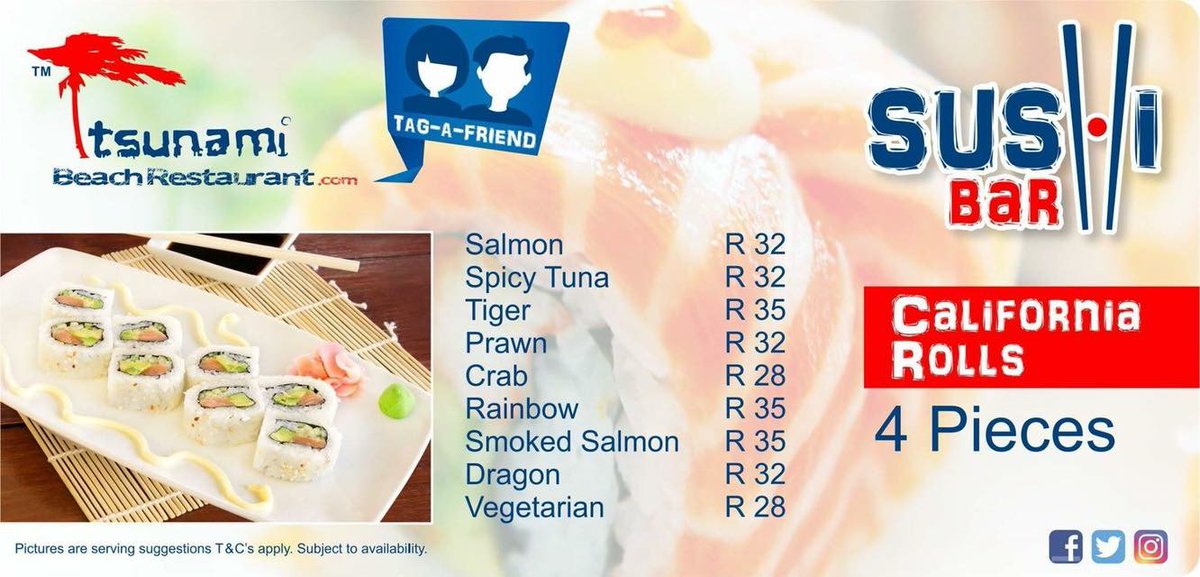TsunamiBeachZA's tweet photo. Featured from our new sushi menu | #CaliforniaRolls
Have your tried something from our sushi bar
#SushiSunday #SushiBar #SushiMenu #LiveMusicVenue #cirobertson https://t.co/1s5xwazhOM