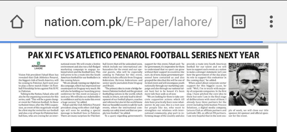 fahadayazkhan's tweet photo. https://t.co/6gOstF6MVU

My interview in the nation newspaper today regarding the upcoming football series between Pak XI FC and Athletico Penarol FC in Pakistan. https://t.co/tAygUahGuM
