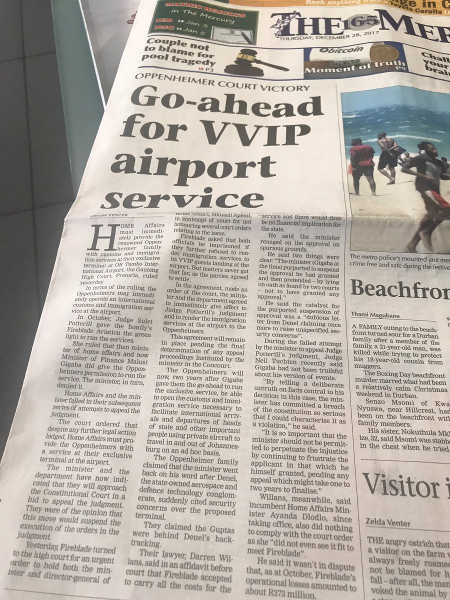 So the #Oppenheimer get their own customs facility for their "vip" guests?? How is this different from Gupta did at Waterkloof?