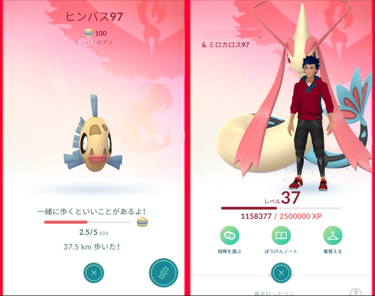 Double ヒンバスもミロカロスに O ﾉ ヒンバス捕獲 11 飴63 たまご産 １ 飴30 相棒で37 5ｋ 飴7 でやっと飴100個 ヒンバスは相棒のまま進化させたらミロカロスが相棒になったッス コレで図鑑は308種 ポケモンgo Pokmongo 千葉ポケgo