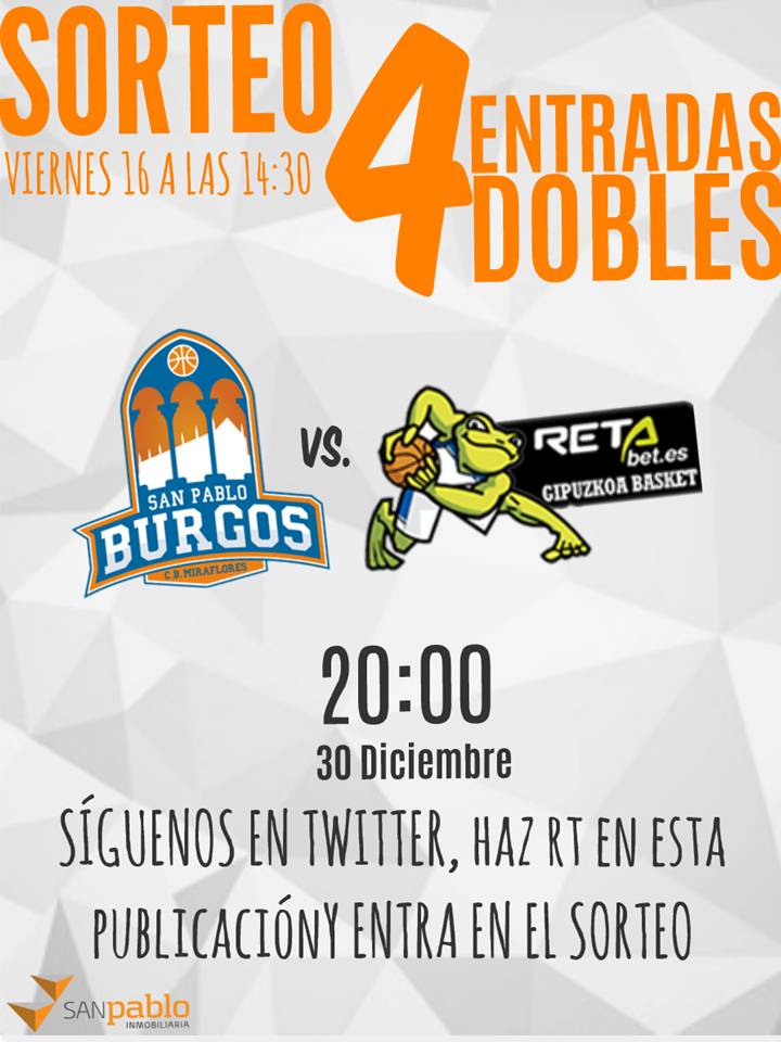 SanPabloInmo's tweet photo. ¿Creíais que ya se nos había olvidado? Como prometimos, 4 ENTRADAS DOBLES para el partido del @SanPabloBurgos éste sábado!!!! Basta con seguirnos en Twitter y retwittear esta publicación
Avisa a tus amigos, cuantos más seáis, más posibilidades tendreís https://t.co/vH1nKxMzgs