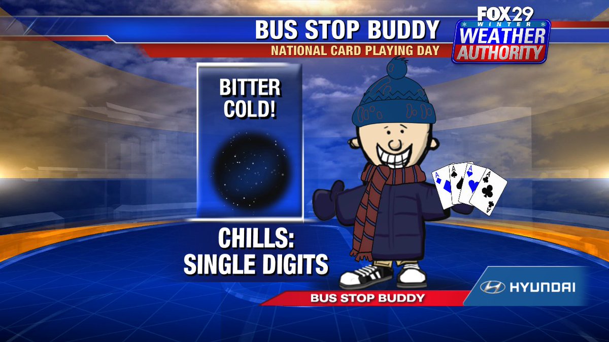 SueSerioFox29's tweet photo. Bus Stop Buddy with a great suggestion for a frigid day: Stay inside and celebrate National Card Playing Day! Go Fish! (frozen fish today....) https://t.co/PNaMxlUTKb