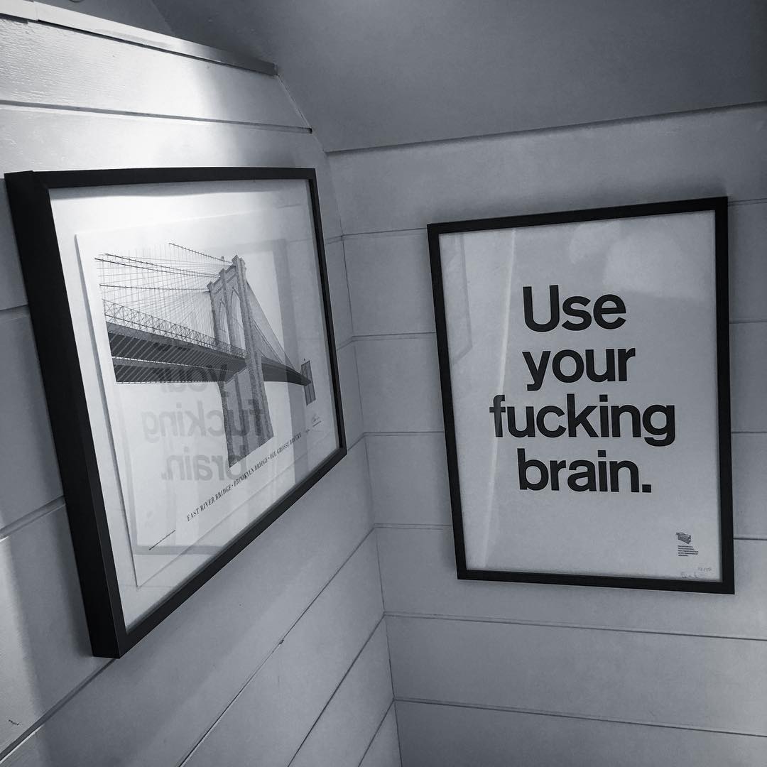 marcthiele's tweet photo. Finally found a space for @espiekermann's "Use your fucking brain", which arrived for my birthday in August. Right next to @cameronmoll's BROOKYLN BRIDGE. #type #typeposter #poster #office #useyourfuckingbrain https://t.co/YnESKbWFrO https://t.co/LuWokadgCb