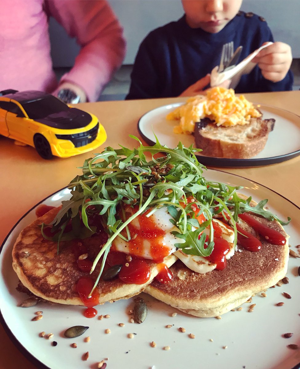 Transformative breakfast. Spring onion and leek hotcakes with halloumi and poached egg. At @bridewellcoffee N Ireland.